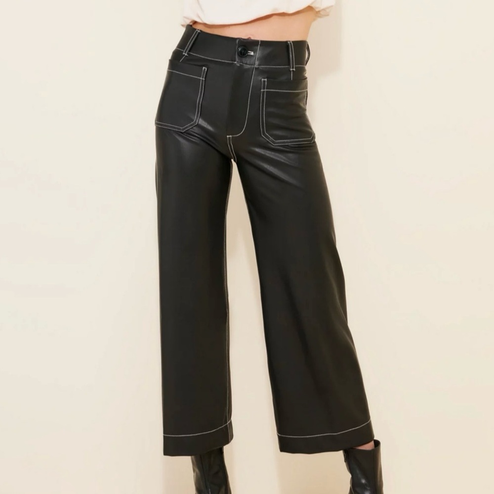 Maeve Colette Black Vegan Leather Wide-Leg Pants Top Stitch